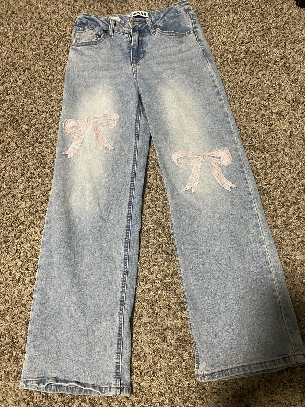 Vigoss Light Blue Denim Jeans with Pink Bow Appliqués